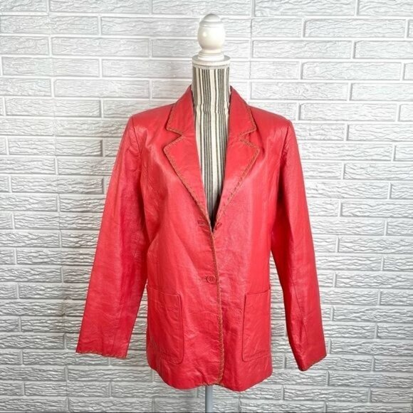 Vintage Jackets & Blazers - Vintage Metro Style Coral Genuine Leather Size 16 Tan Embroidered Trim